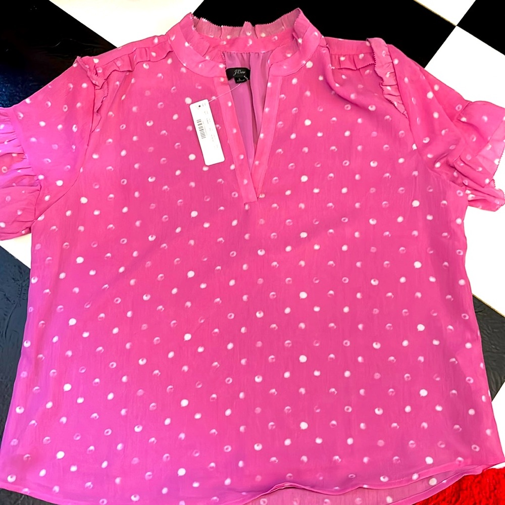 I crew women pink and white polka dotted chiffon blouse L and NWT